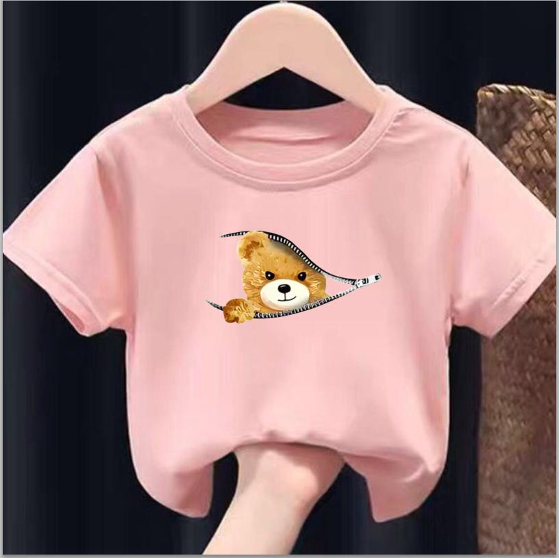 Футболка с принтом Zipper Bear Graphic, креативная рубашка с коротким рукавом и круглым вырезом, повседневные топы, одежда для мальчиков