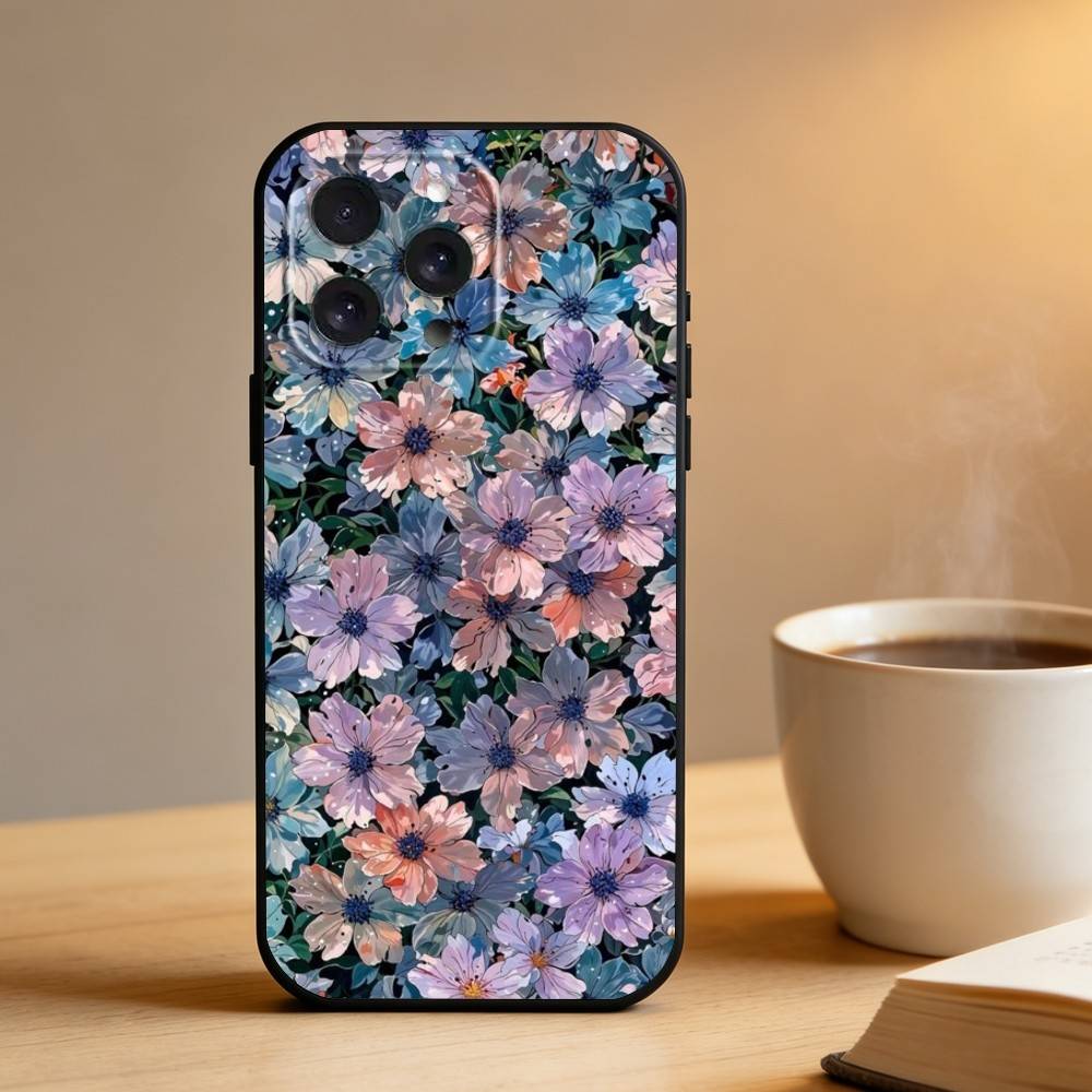 Цветочный арт Чехол для телефона Для iPhone 16,15,14,13,12,17,Pro Max,Plus Силиконовый Черный Чехол