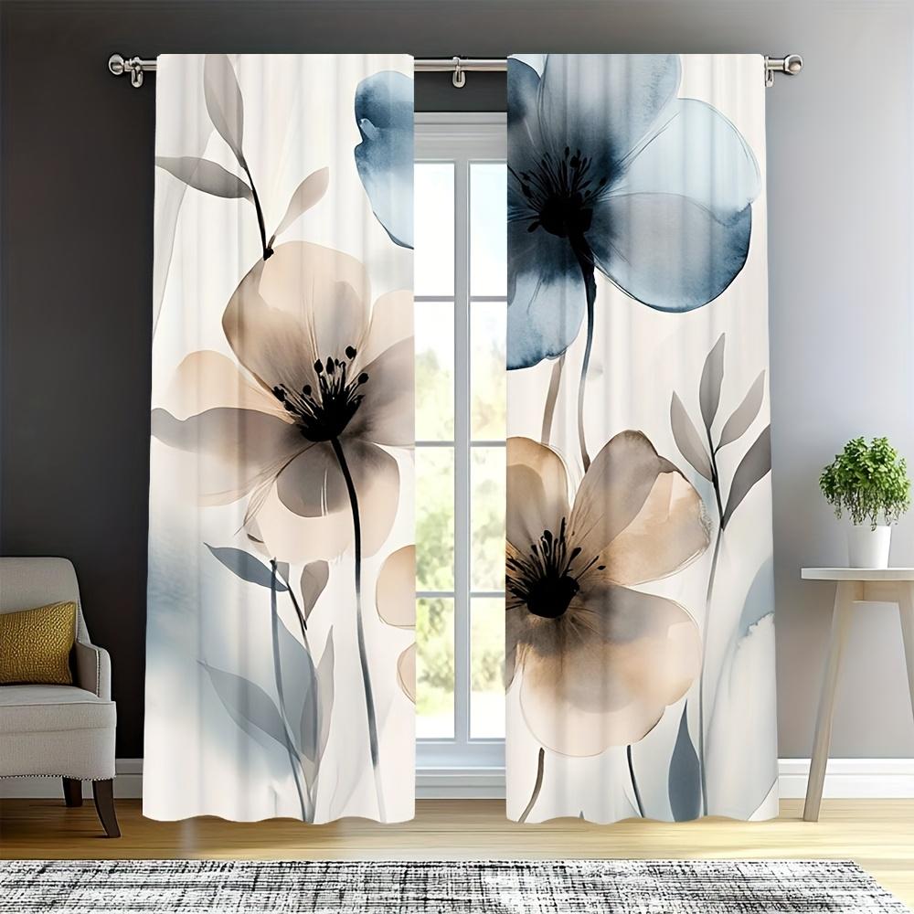 2-Pack Watercolor Floral Print Door Curtains - Polyester Fabric, Machine Washable, Suitable For Bedroom, Kitchen, Living Room