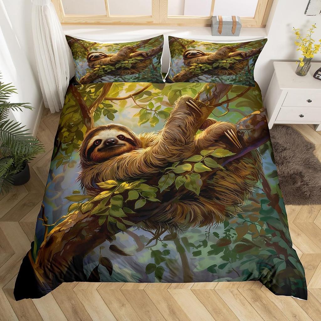Cute Sloth Duvet Cover Watercolor Floral Bedding Set Lovely Jungle Animal Comforter Cover Twin King Kawaii Sloth Bedspread Cover