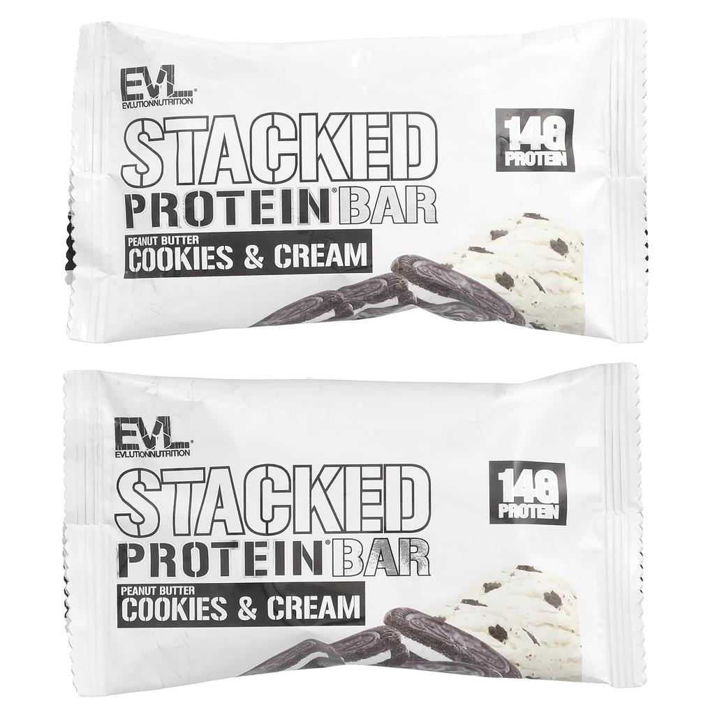 EVLution Nutrition Stacked Protein Bars, Peanut Butter Cookies & Cream, 2 Bars, 2.29 Oz (65 G) Each