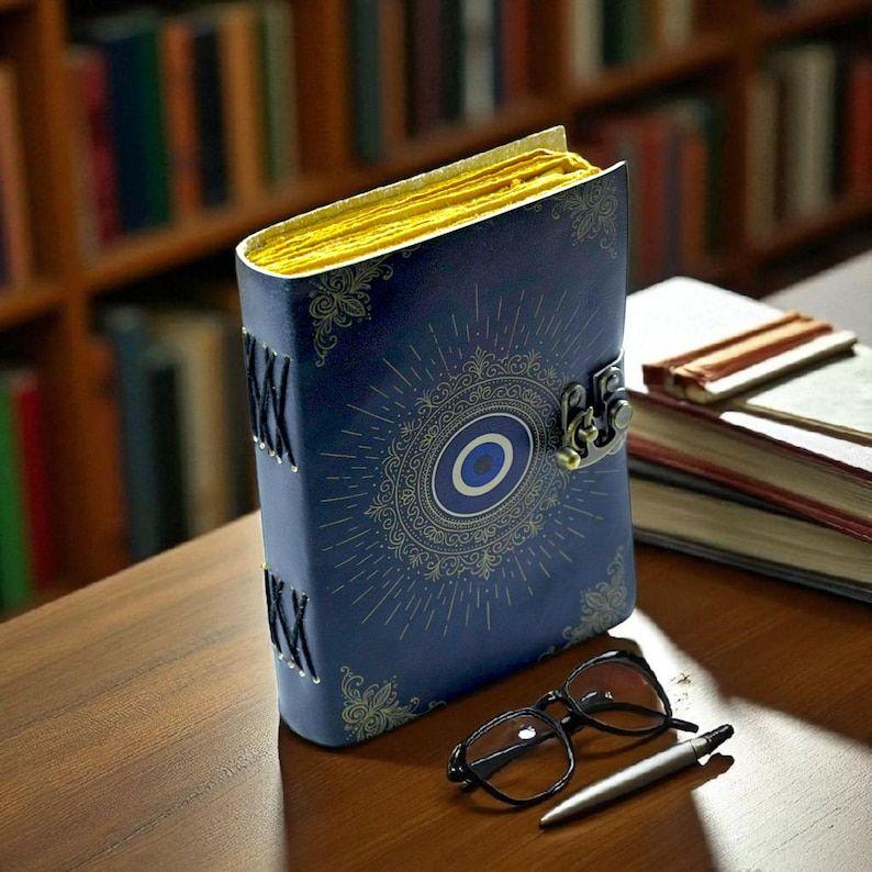 Ручная работа Кожаный дневник со сглазом: Сине-золотая Книга Теней