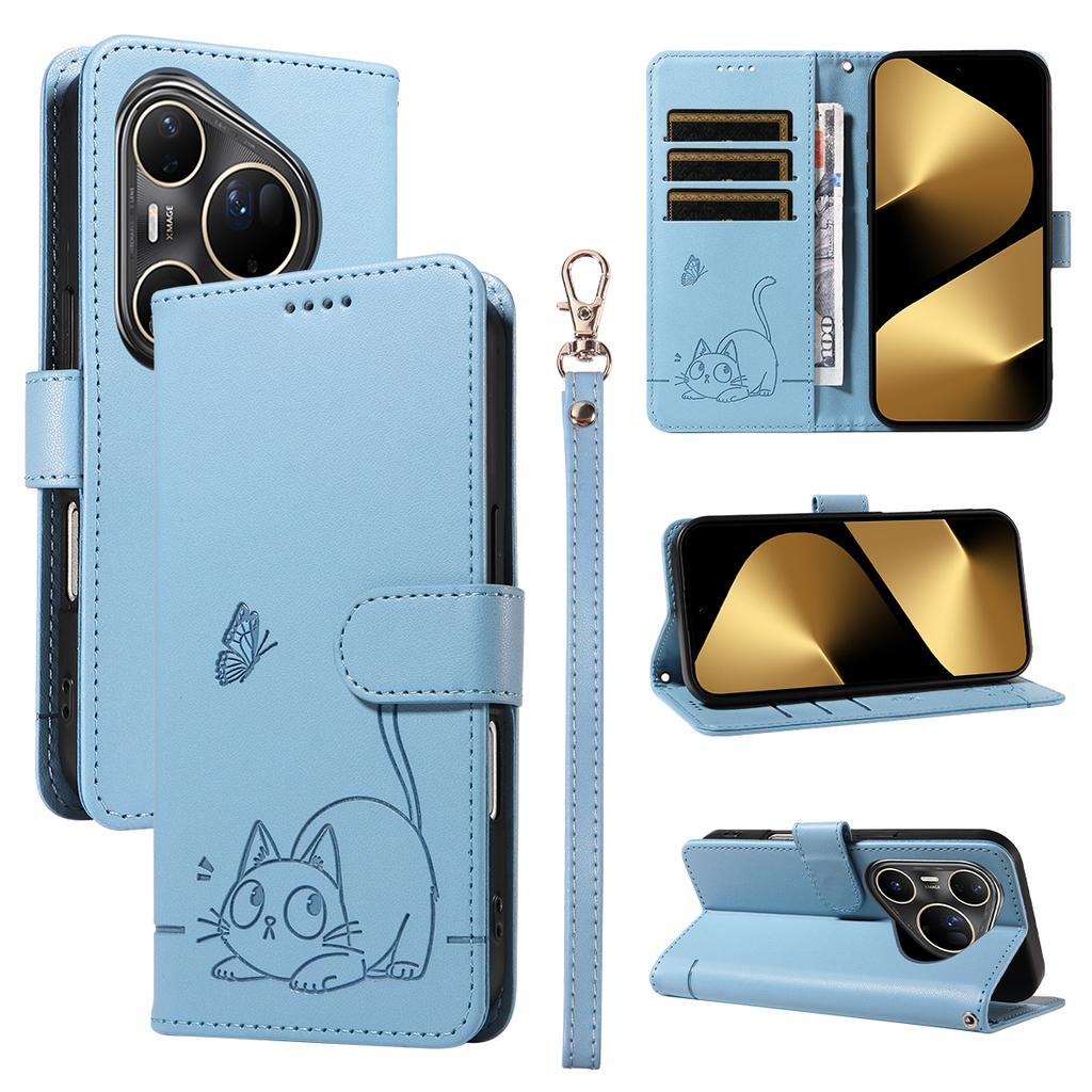 Чехол для Huawei Pura 80 Ultra с тиснением в виде кошки, кожаный чехол для телефона с ремешком на запястье