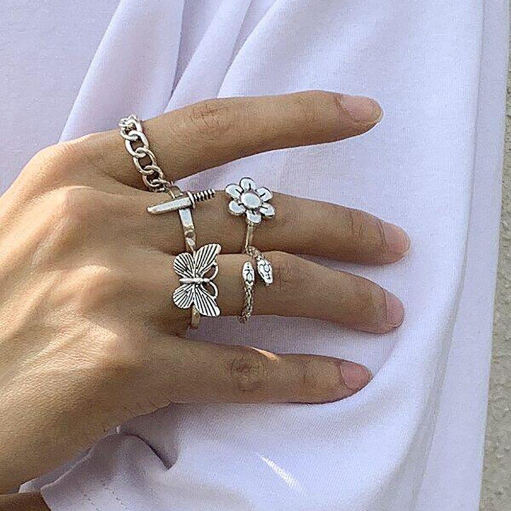 Винтажные готические кольца с черепом и цветком ангела для женщин, хип-хоп, серебряный цвет, кольцо на палец с бабочкой и сердцем, модная спортивная одежда, ювелирные изделия