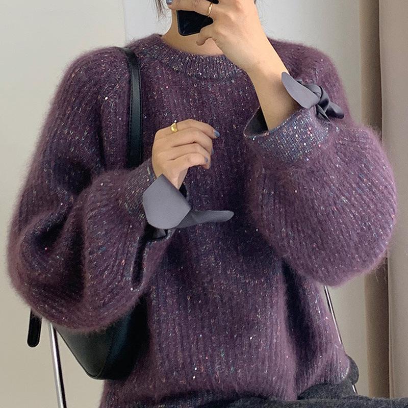 Новая осенне-зимняя одежда свободного кроя, тяжелая промышленность, приталенный енотовый бархат, таро-фиолетовый свитер, женский вязаный свитер