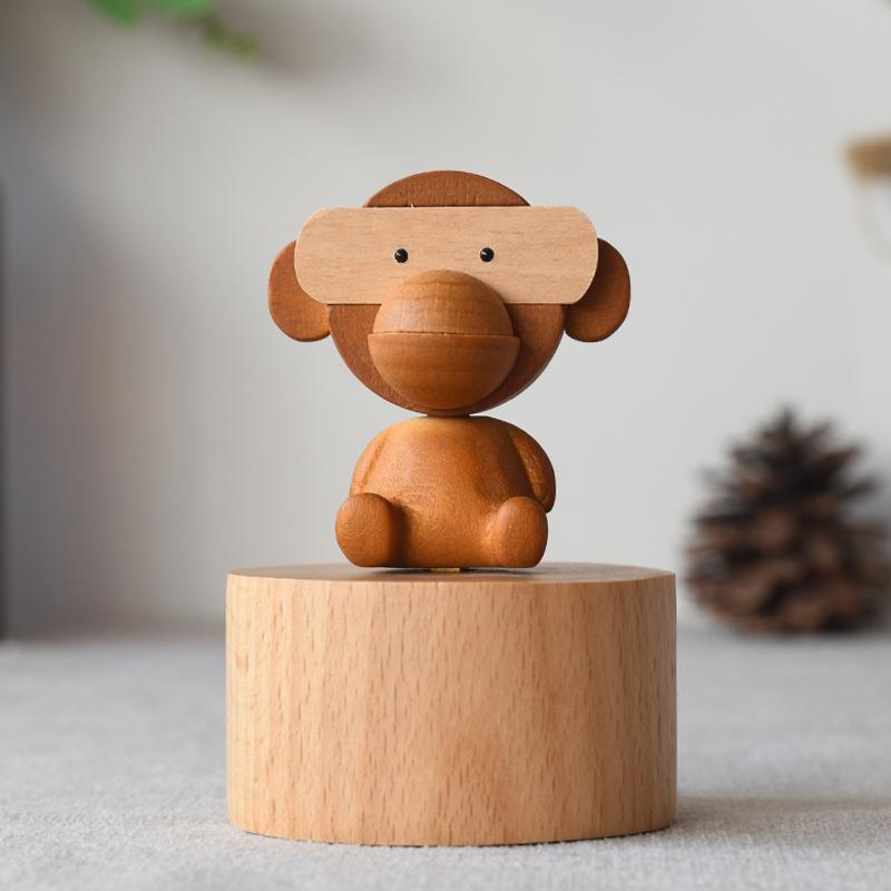 Round Bottom Orangutan Design Rotating Mini Music Boxes Wooden for Decoration Present