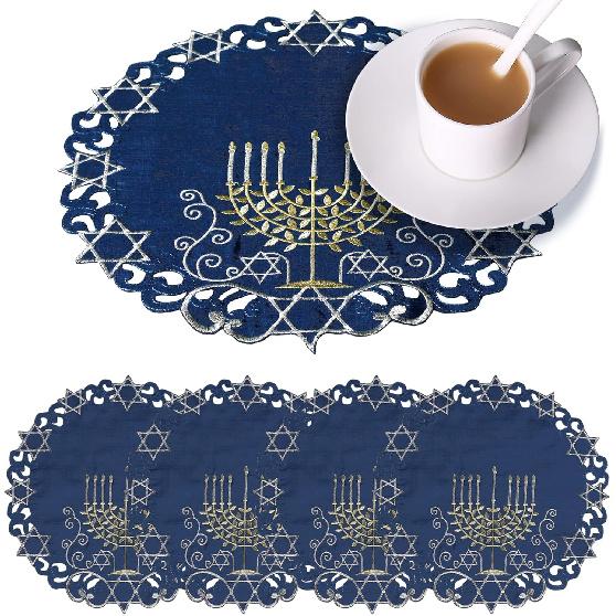 OWENIE Hanukkah Placemats Set of 4, Embroidered Chanukah Menorah Blue Round Placemats, Je Festival Holiday Party Table Decor Indoor Outdoor