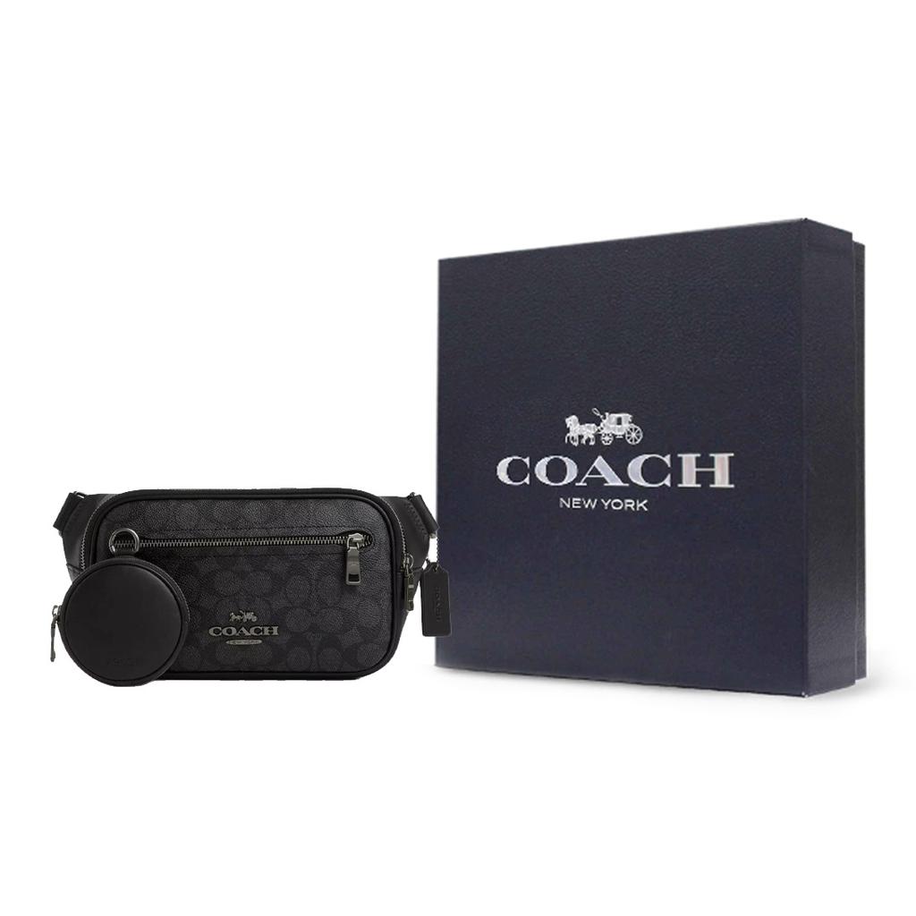 Coach Elias 29 Signature Print Сумка-пояс на молнии из покрытого холста Большая мужская поясная сумка Черная CZ400-QBMI5