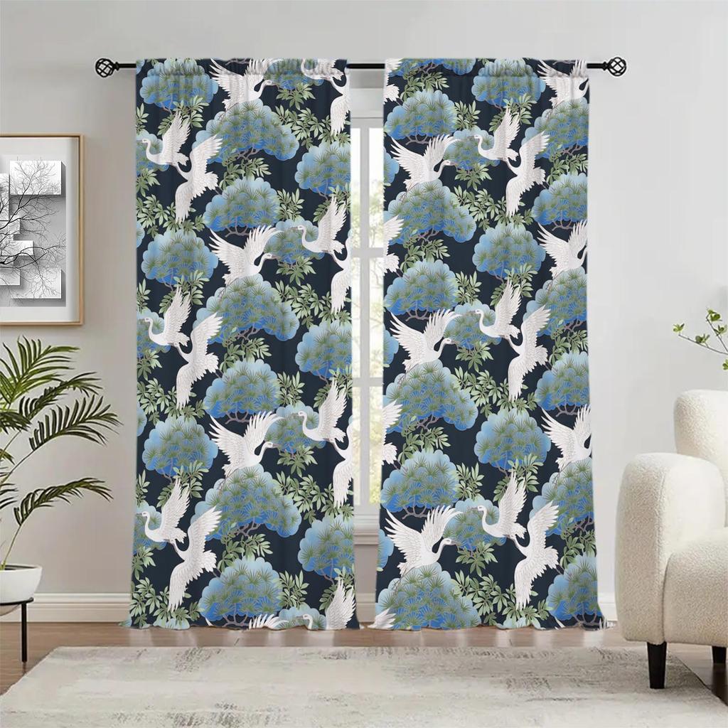 2pcs Japanese Style Hot-scalding Crane Curtains Sunshade and Privacy-protecting Pole-style Curtains