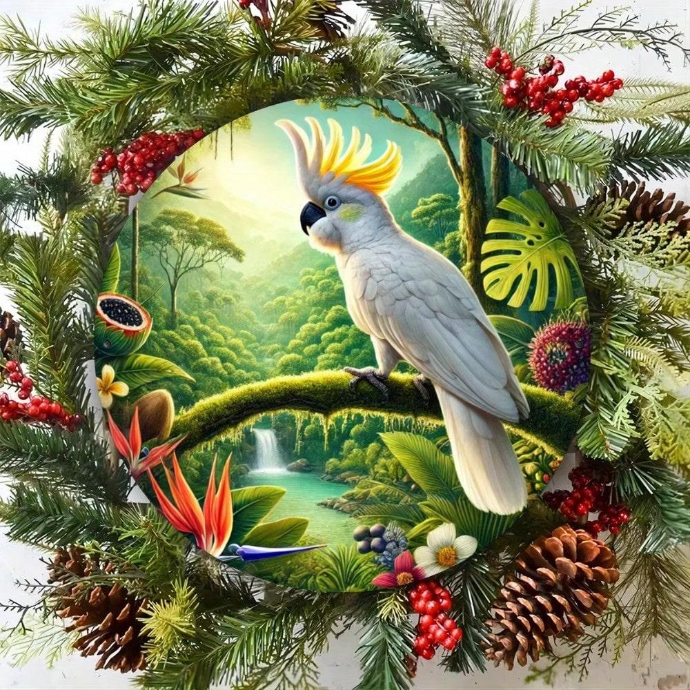 Exotic Cockatoo Parrot D Flat High Definition Metal Wall Art Tropical Jungle Wildlife with Colorful Floral Wreath Pine Cones an