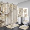 4Pcs Bathroom Shower Curtain Set White Blossom Flowers Bathroom Curtain With 12 Hooks Non Slip Rugs Toilet Cover Mat Bathroom Partition