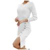 Women Fashion Casual Solid Color  Button Decoration Sexy Slim Long Sleeve Knit Split Dress
