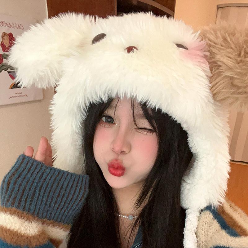Winter Women Warm Hat Soft Rabbit Ear Hat Plush Thicken Protection Cartoon Puppy Hat Outdoor Windproof