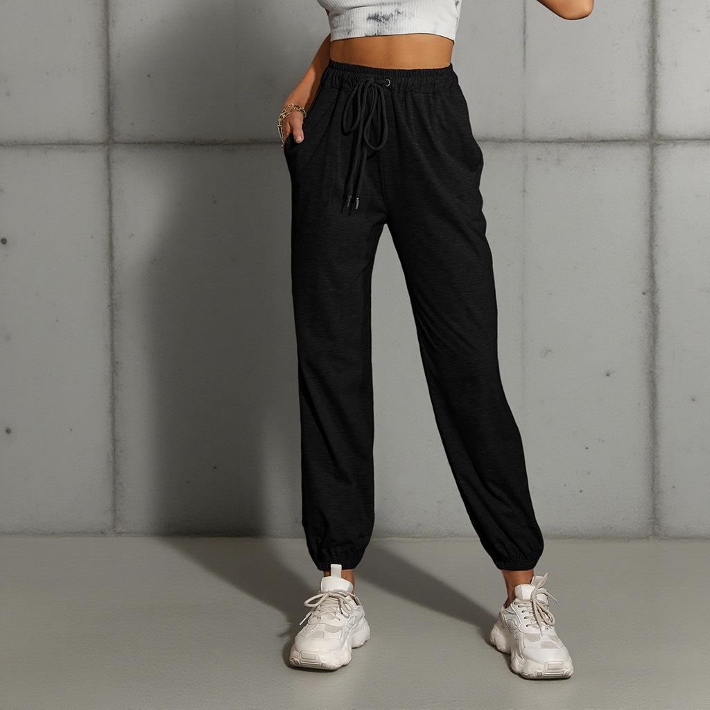 Solid Color Elastic Waist Pants Casual High Waist Sports Tying Pants Elastic Nine-point Guard Pants Women