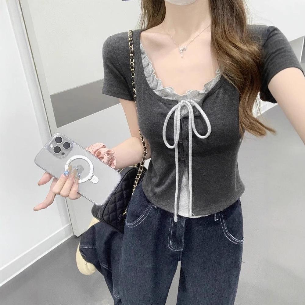 Women's Summer Chic Ruffled Lace-Up U-Neck Short-Sleeve T-Shirt, Slim Fit, Faux Two-Piece Design