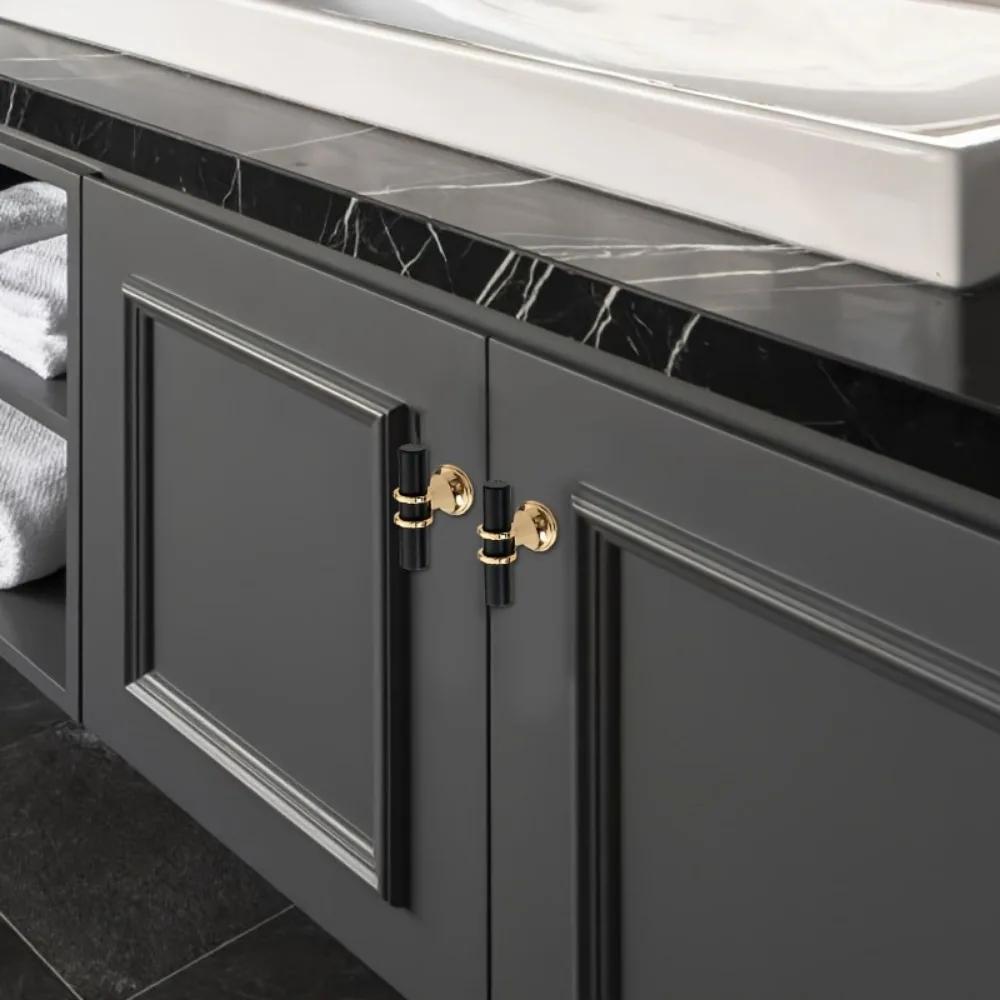 10pcs Elegant Black and Golden Cabinet Knobs - Polished Metal Drawer Pulls with Secure Mounting Screws, Perfect for Home Decor.