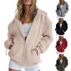 Women Warm Hoodie Winter Autumn Casual Loose Long Sleeves Cardigan Solid Color Zipper Hooded Drawstring Outerwear
