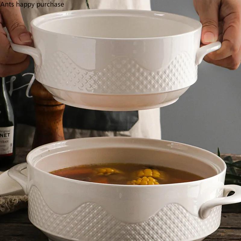 Северная Европа Главная Керамика Бинауральная чаша со стеклянной крышкой Хрустальная ручка Белая большая миска Суповая тарелка Декоративная посуда