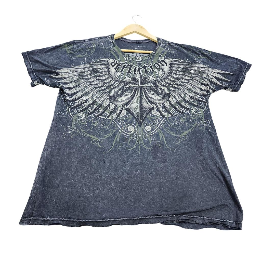 Рубашка Affliction Мужская 2XL Серая Футболка с Графикой Ангельские Крылья V-образный вырез Студия Потертый Унисекс Футболка Байкерская