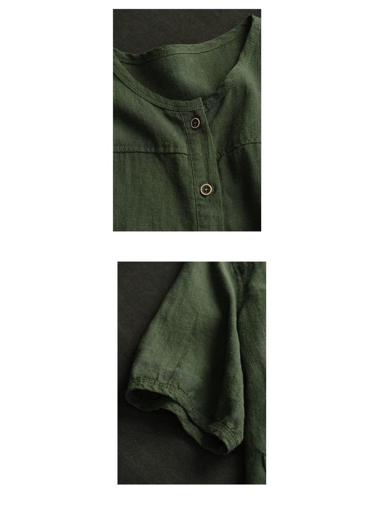 Женская летняя хлопково-льняная рубашка-кардиган с рукавом до середины предплечья 2024 - Повседневный, приталенный, однобортный дизайн