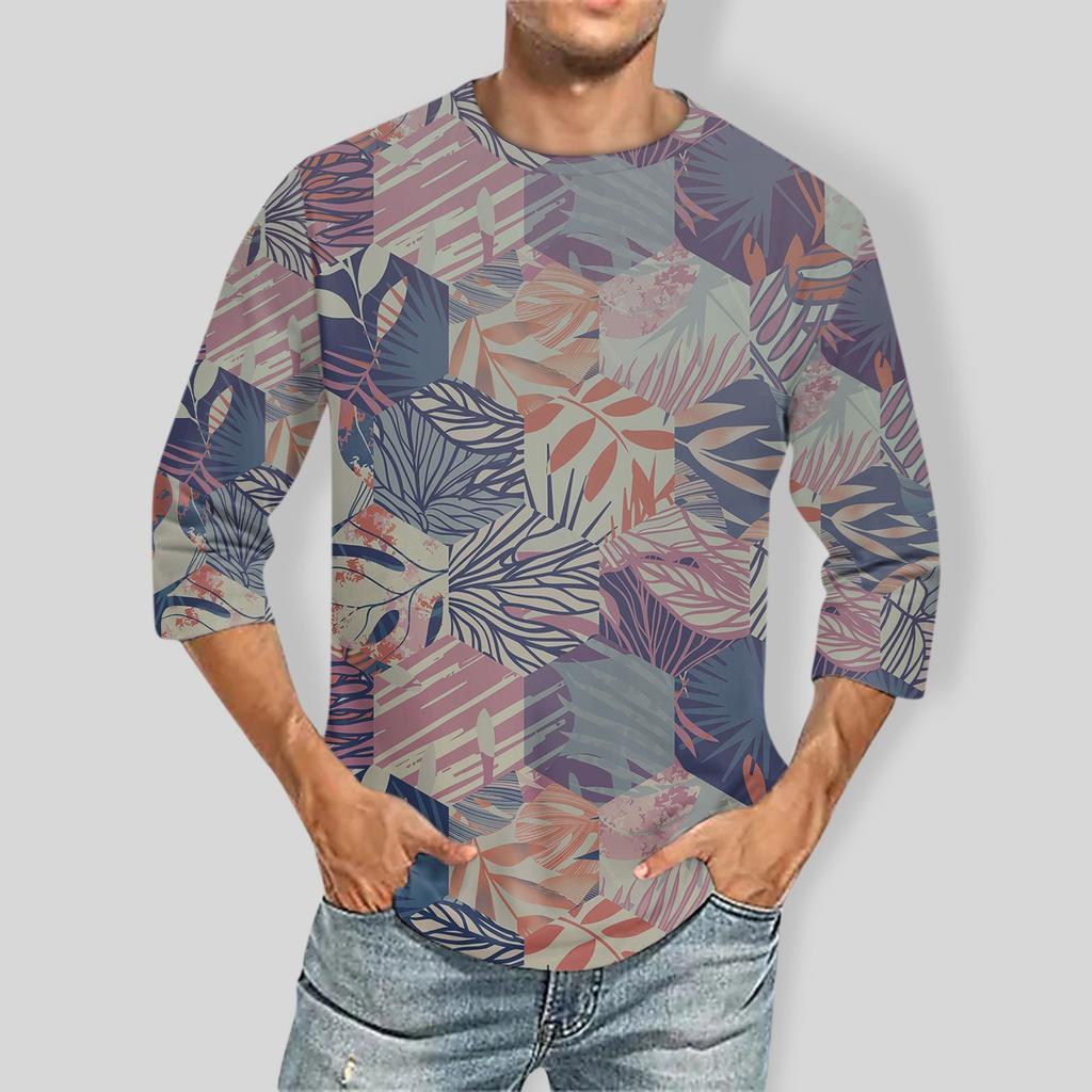 Мужская однотонная футболка с круглым вырезом и рукавами три четверти