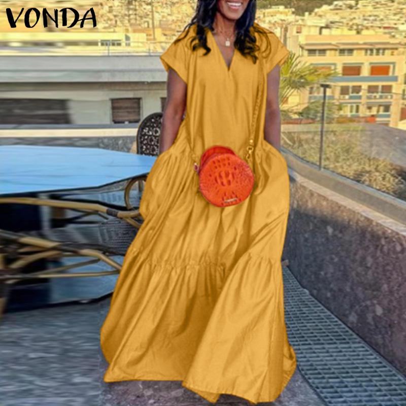 VONDA Women Summer V-Neck Short Sleeve Layered Dresses