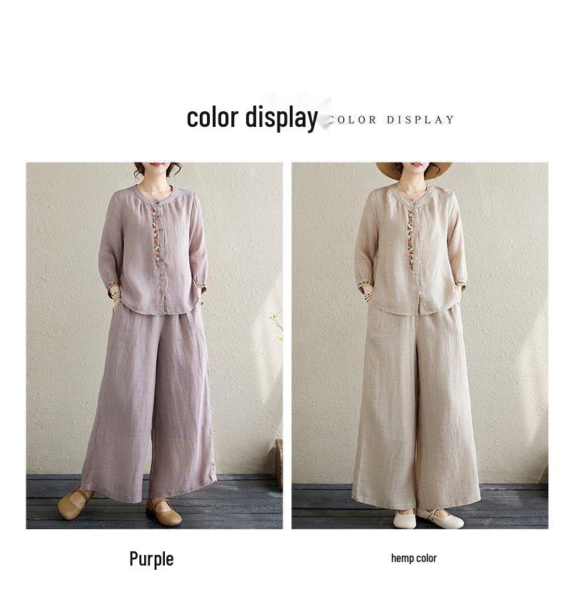 Женский комплект из двух предметов большого размера из хлопка и льна с вышивкой - Весенняя мода