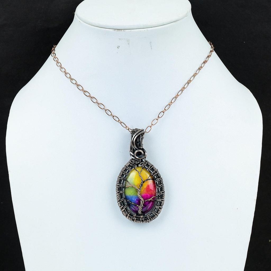 Древо жизни Радуга Солнечный кварц Драгоценный камень Чистая медная проволока Обертка ручной работы Роскошный ювелирный кулон