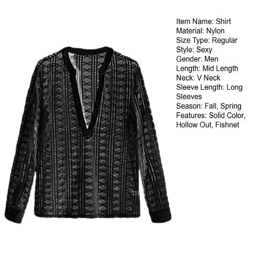 Men Club Shirt See-through Hollow Out Fishnet Deep V Neck Long Sleeve Solid Color Thin Pullover Soft Streetwear Slim Fit