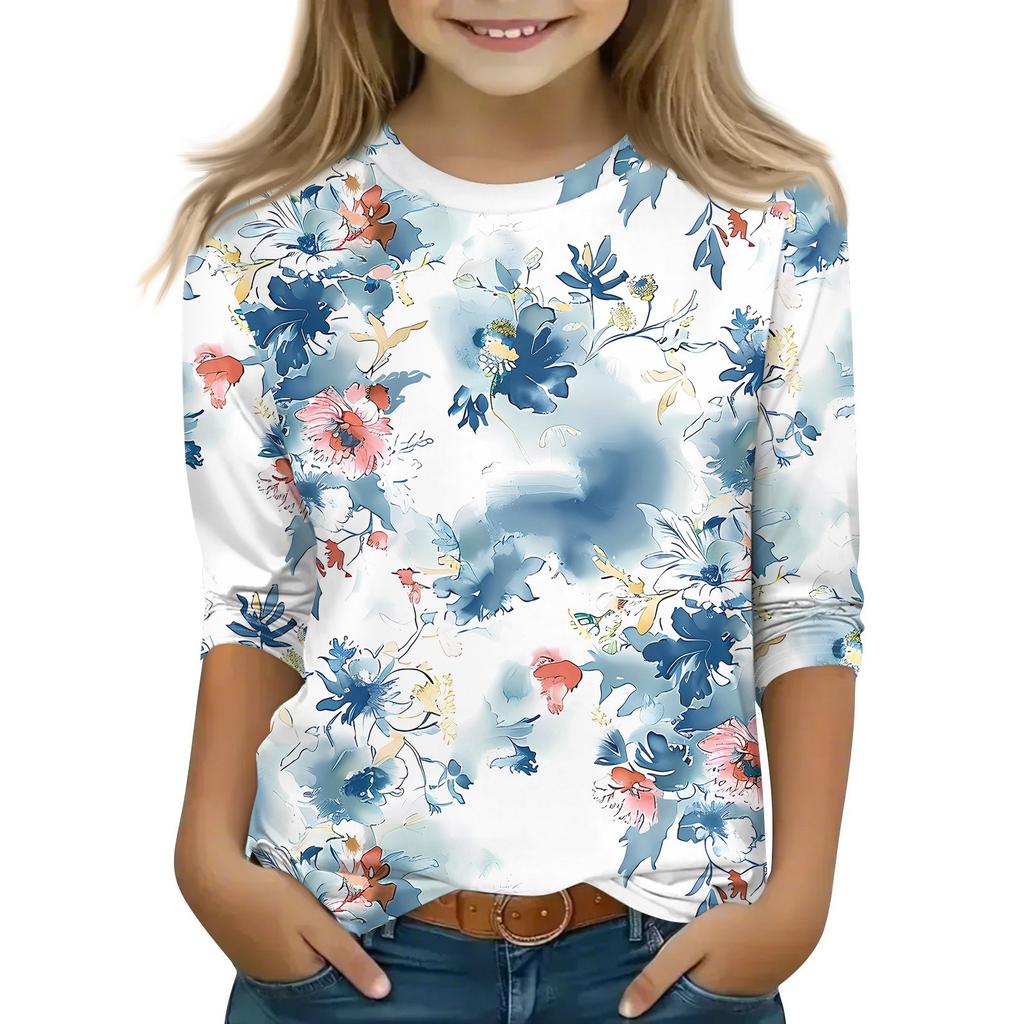 Детская футболка с рукавом 3/4, повседневная футболка с принтом, круглый вырез, блузка-пуловер