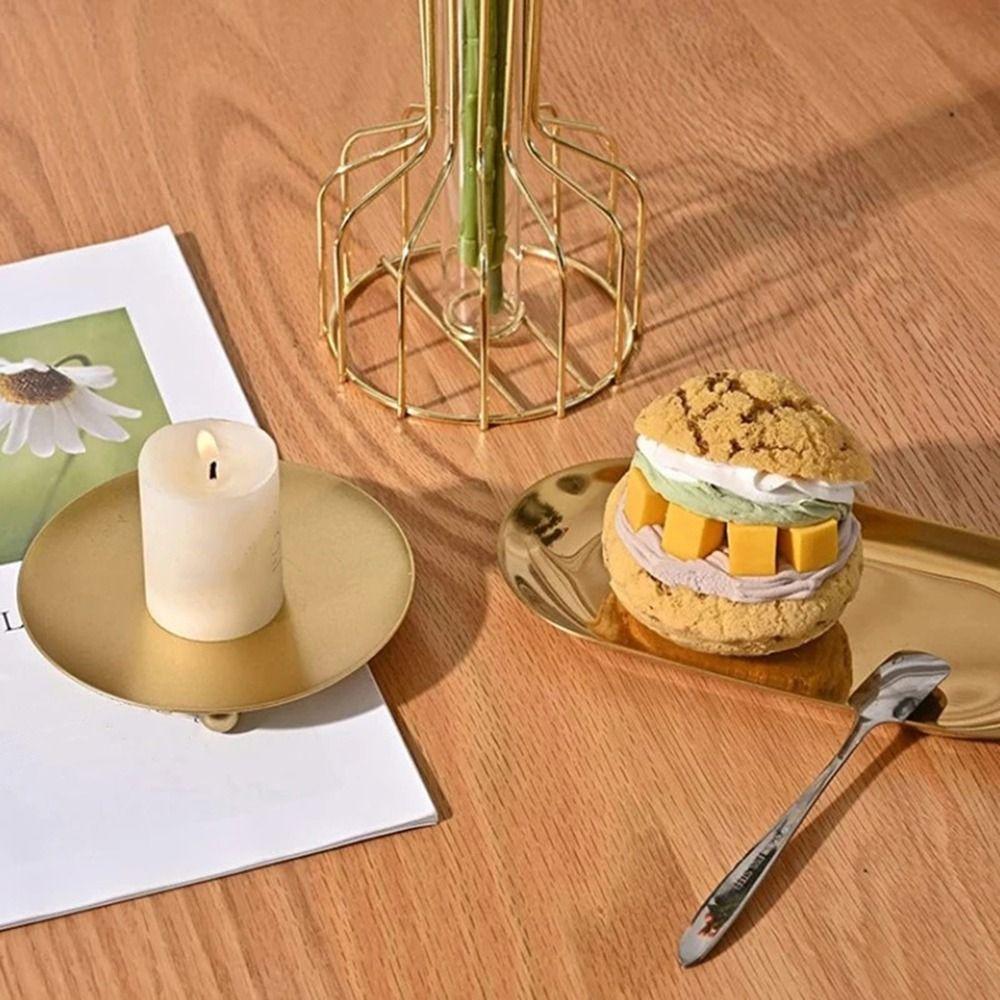 Round Pillar Metal Plate Golden Festival Candlestick Holder Simple Candle Base Tray  for Home
