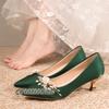 Flowers Pointed Toe Pumps for Women's 2024 New Green Silk Low Heels Shoes Woman Slip On Thin Heeled Lady Shoes Green Party Shoes