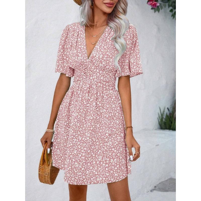 YYFS Women's Fashion Summer Spring Flower Pattern Print Short Sleeve V-Neck High Waist Casual Dresses