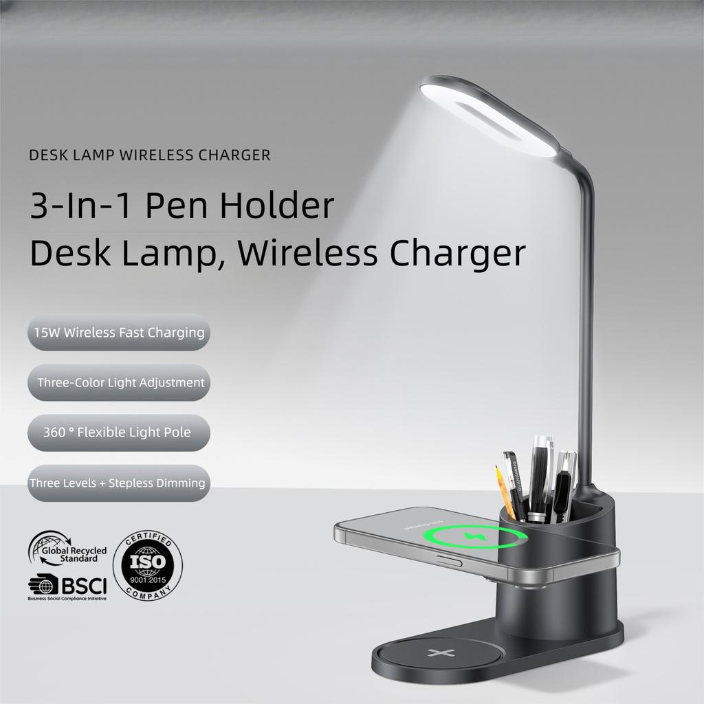 3-in-1 Pen Holder Desk Lamp with 15W Wireless Fast Charging, QC2.0 Protocol, TYPE-C Power, 360° Flexible Pole & 3-Color Stepless Dimming