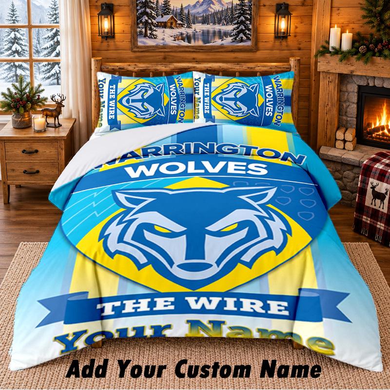 Warrington Wolves FC Pattern Bedding 3Pcs Set Custom Name, Bed Sheet And Pillowcases For Home Bedroom