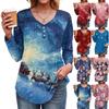 Women's Fashion Casual Christmas Tree Print V-Neck Decorative Button Long Sleeve T-Shirt Top