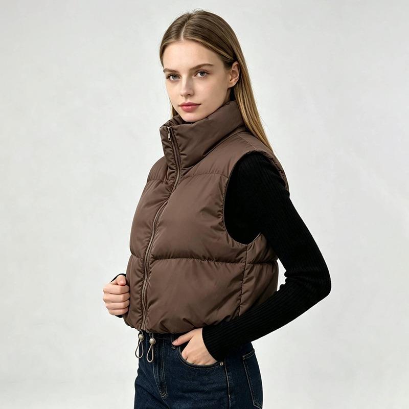 Women S Vintage Simple Versatile Stand Collar Sleeveless Short Down Cotton Vest With Drawstring Waist