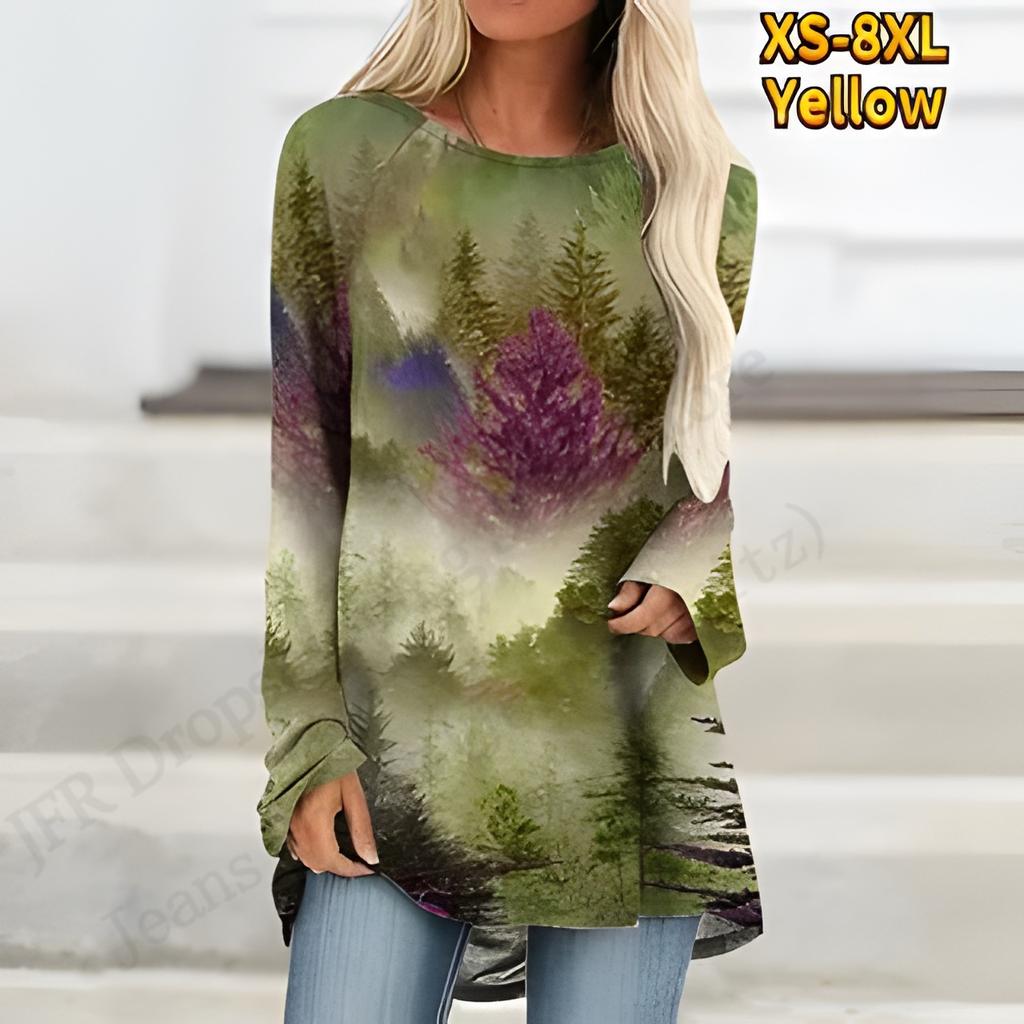 2025 Новая модная футболка с длинным рукавом, винтажный узор, 3D-принт, футболка для женщин, повседневная длинная футболка с круглым вырезом, женская верхняя одежда