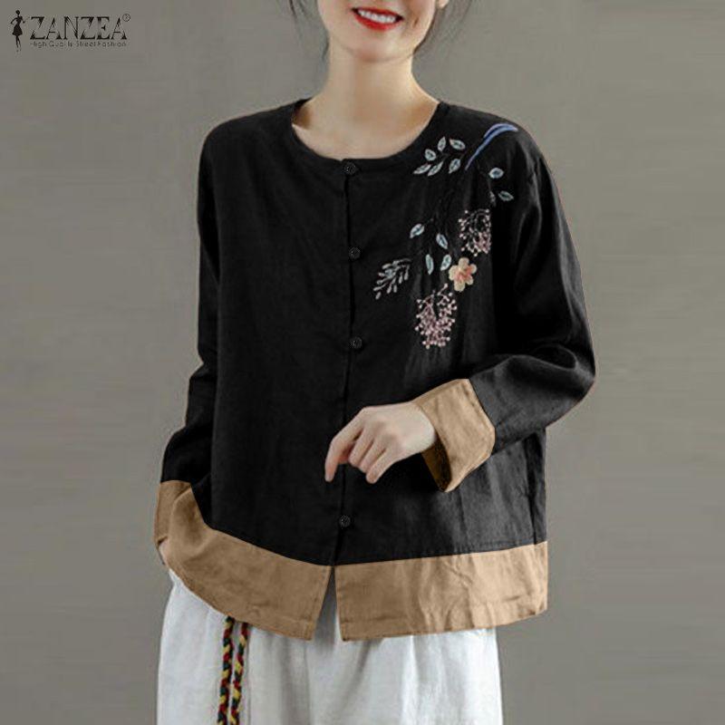 Casual Women Round Neck Zanzea Loose Long Sleeve Print Blouse