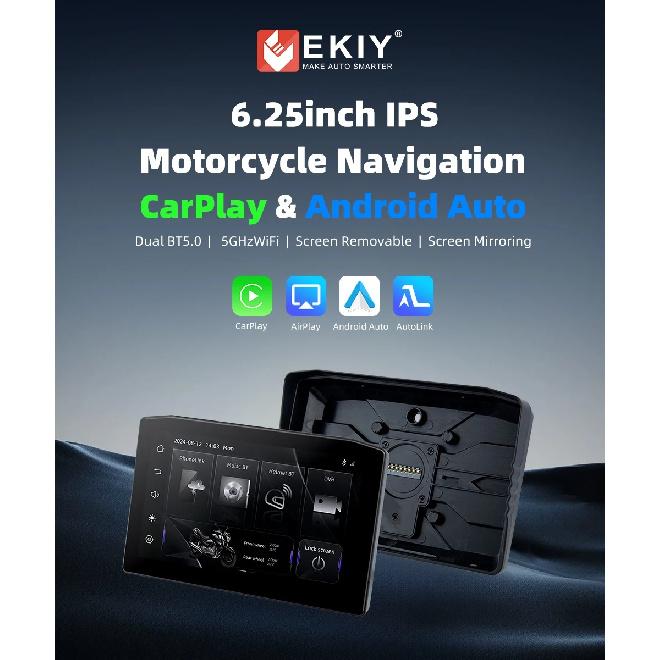 EKIY 6.25 inch Portable Gps Navigation Motorcycle Navigator Wireless CarPlay Android Auto With Bluetooth Ipx6 Waterproof HD IPS