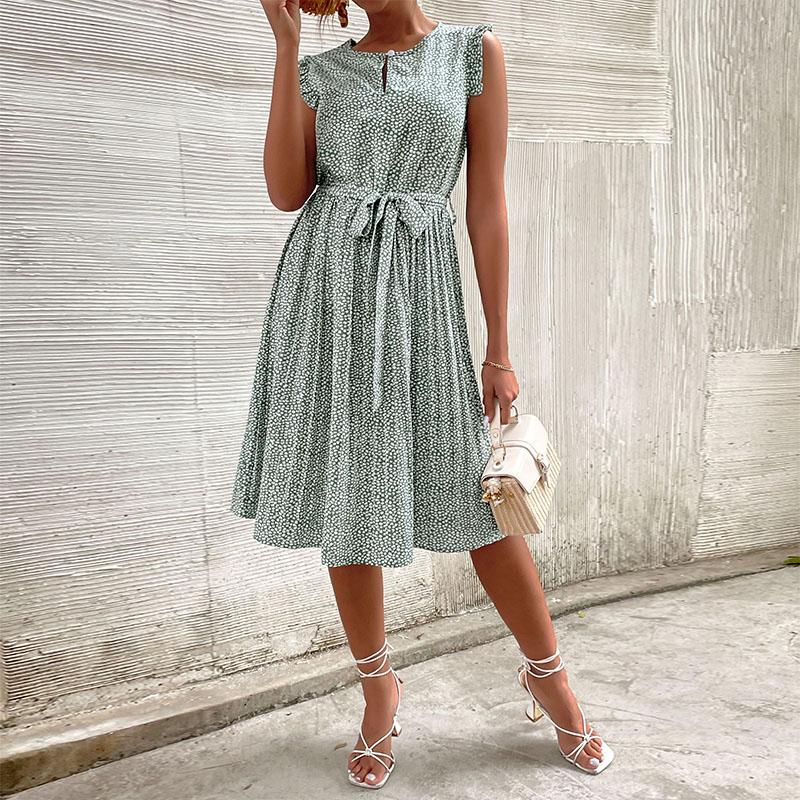 YYFS Women's Fashion Summer Spring Floral Print Sleeveless O-Neck High Waist Casual Dresses