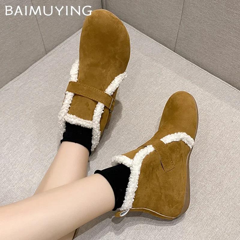 Меховые Балетки Женские Снежные Ботильоны Замшевые Короткий Плюш Повседневные Хлопковые Туфли 2025 Тренд Дизайнерская Пряжка Теплые Зимние Ботильоны Женские