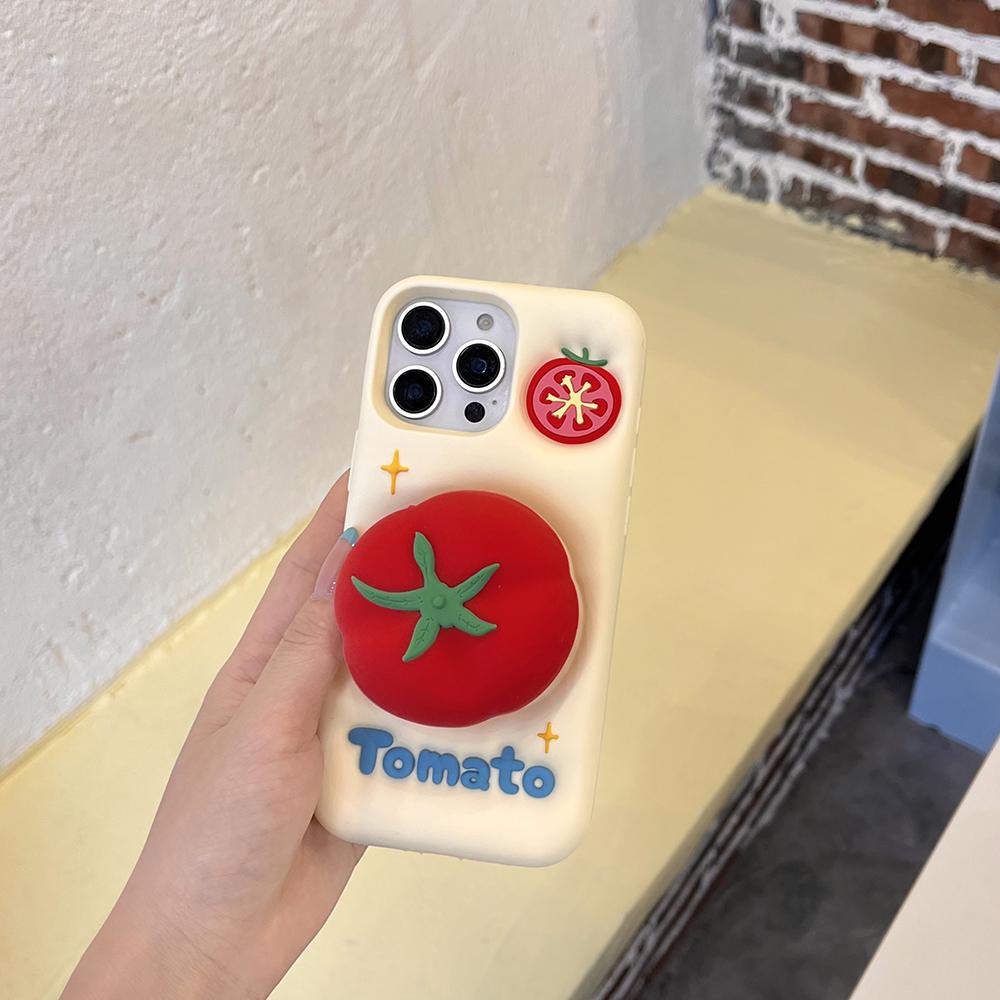 Cute Red Tomato Telescopic Bracket Phone Case for IPhone 16 16Pro 14 15 17 Pro Max 13 Pro Cover Holder Silicone Shockproof Cover