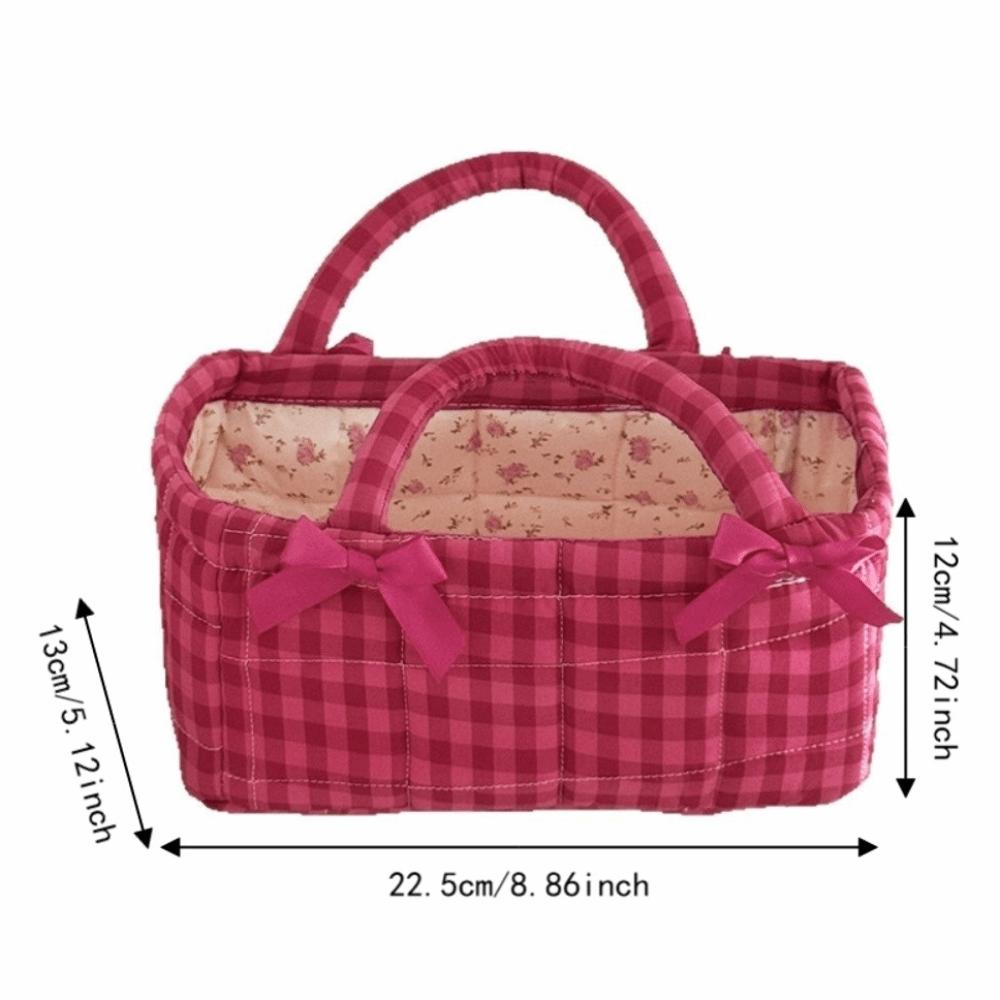 Bow Decor Picnic Bag Plaid Design Storage Basket French Style Fabric Organizer Daily