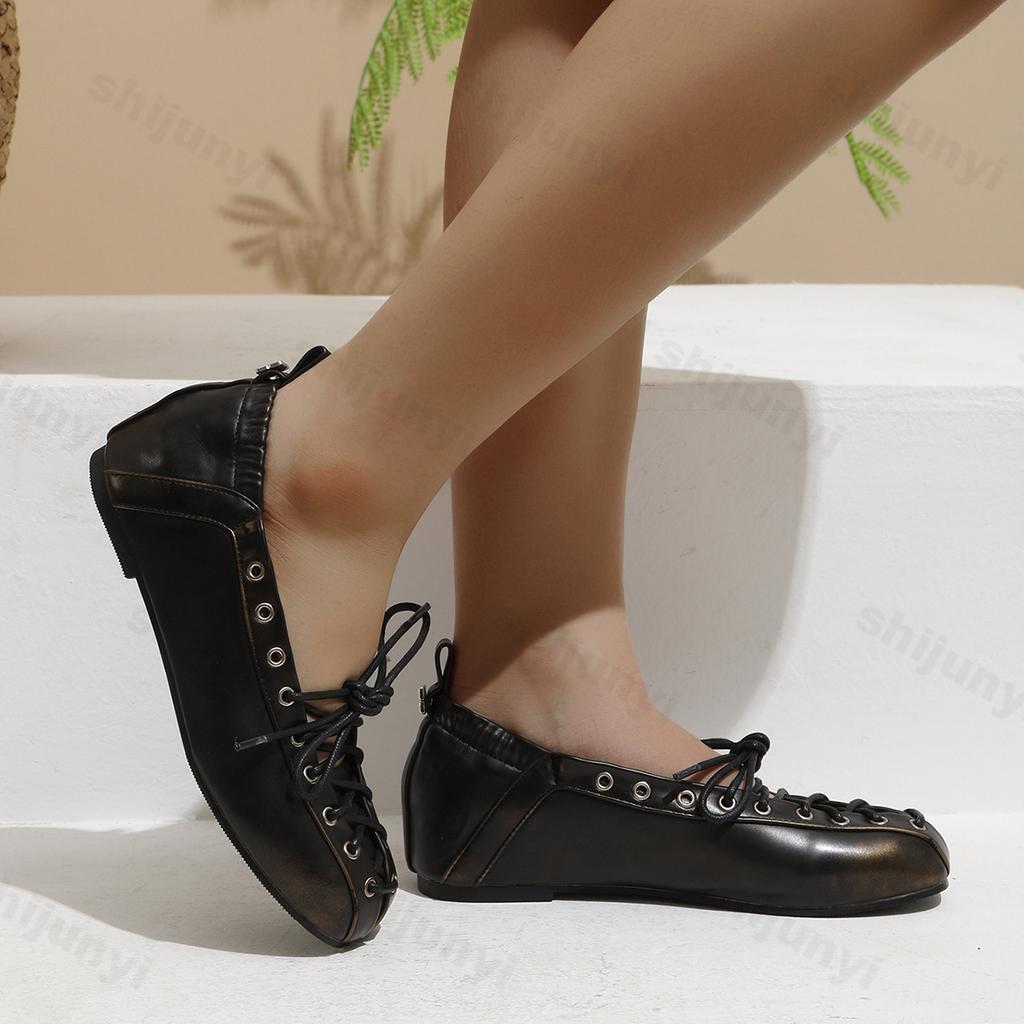 Модные женские балетки Осень Новые Увеличение роста Винтажная шнуровка Модные одинарные туфли Удобная мягкая подошва Нескользящие Повседневные балетки