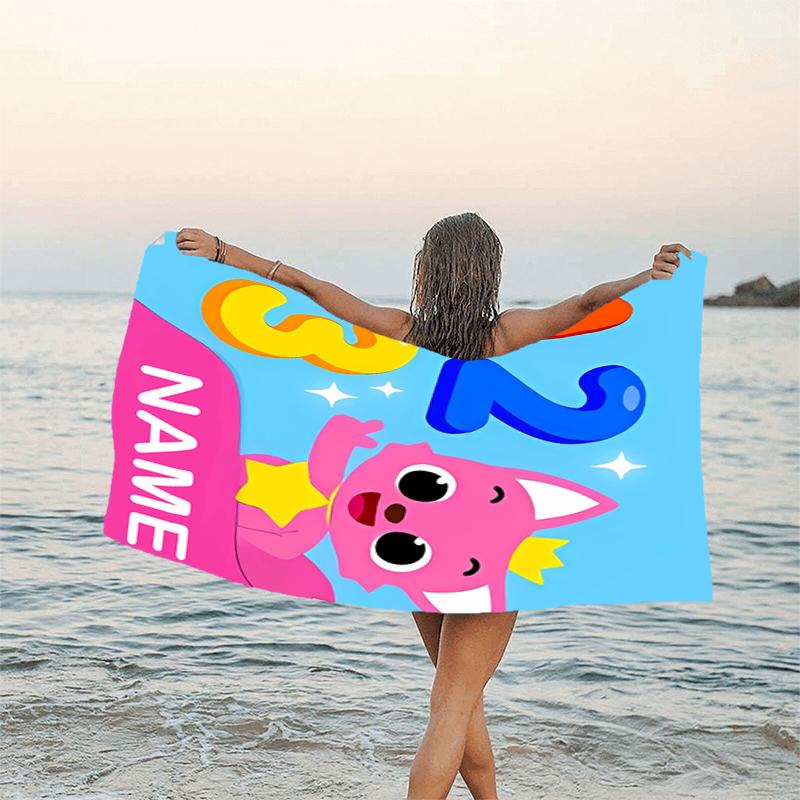 1pc Pinkfong Shark5 Beach Towel with Custom Name, Beach/Swimming/Bath/Picnic/Camping Towel, Suitable for Seaside Beaches