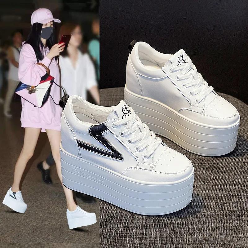 Мода 12 см Натуральная Коровья Натуральная Кожа Платформа Балетки Женщины Скрытые Каблуки Мода Вулканизированные Женские Повседневные Массивные Кроссовки Обувь