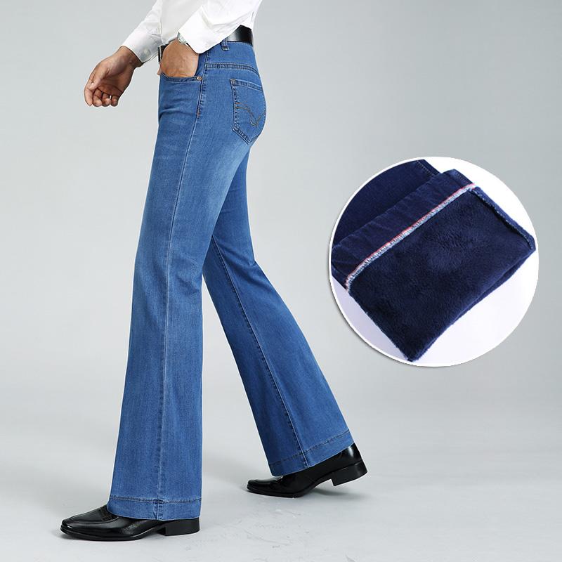 Мужские зимние флисовые джинсы буткат средней посадки Мужские эластичные расклешенные джинсы средней посадки