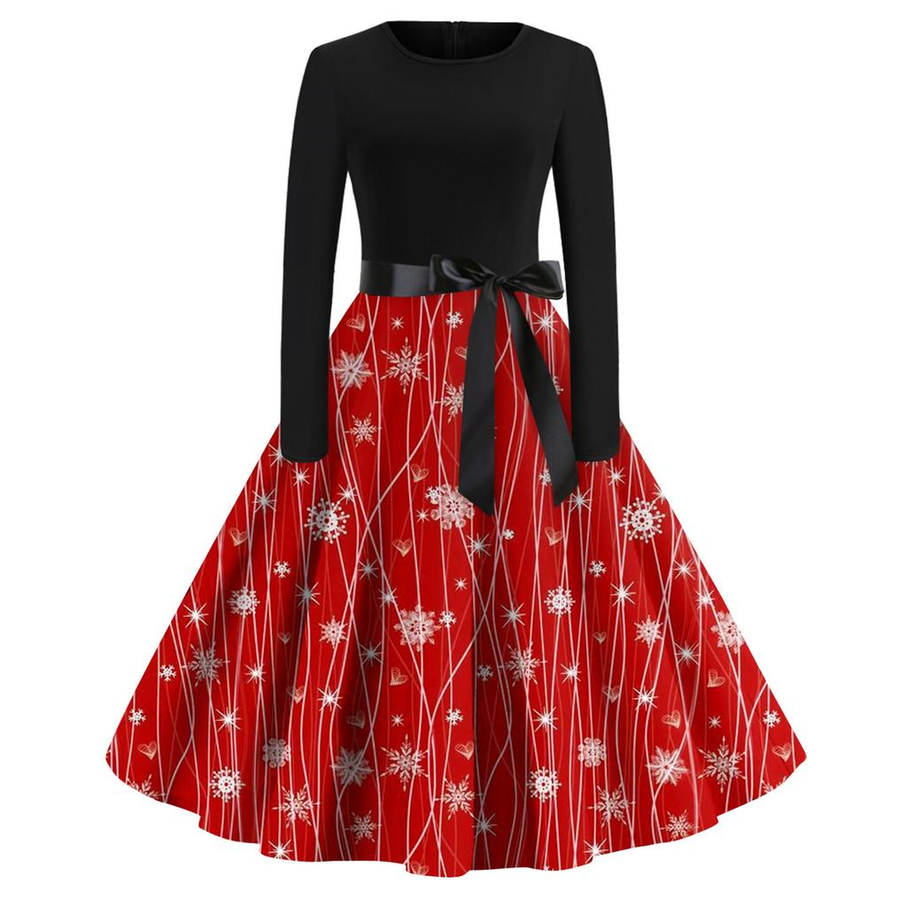 Christmas Print Flare Dress For Women Round Neck Long Sleeve Dress Casual Dresses