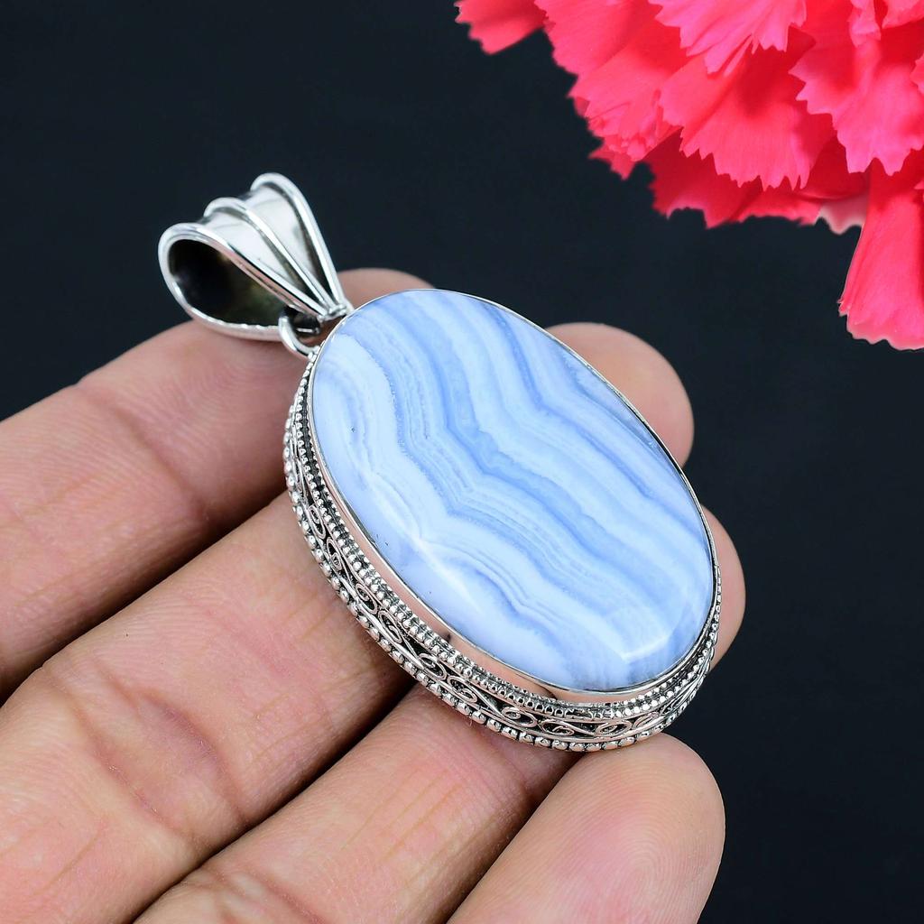 Blue Lace Agate Gemstone Pendant Solid 925 Sterling Silver Pendant Jewelry Gift For Unisex